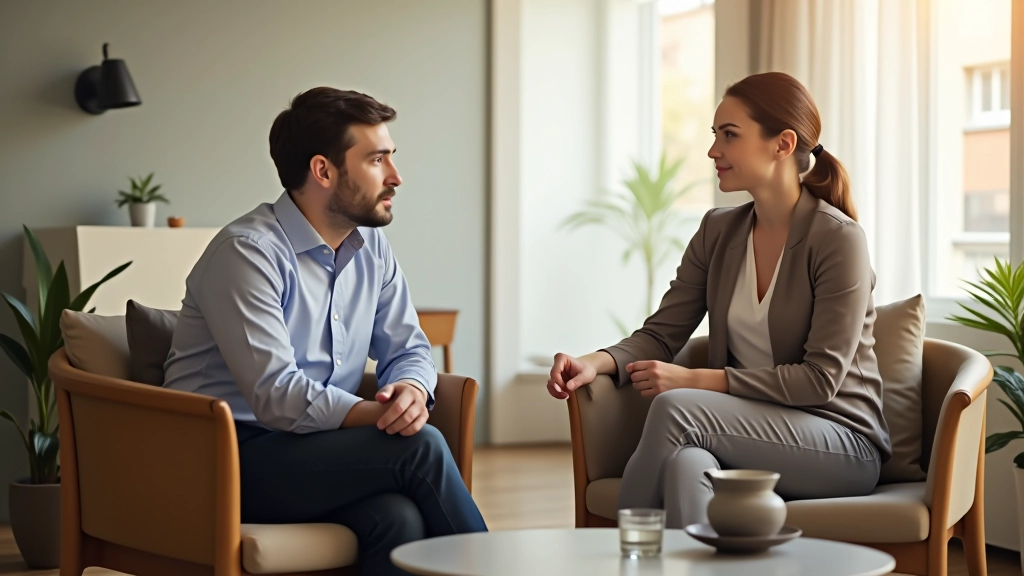 Deux collègues discutant calmement d'un point de désaccord, assis confortablement dans un environnement professionnel