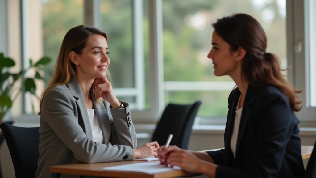 Deux femmes en conversation respectueuse, l'une parlant avec confiance tandis que l'autre écoute attentivement dans un environnement professionnel calme