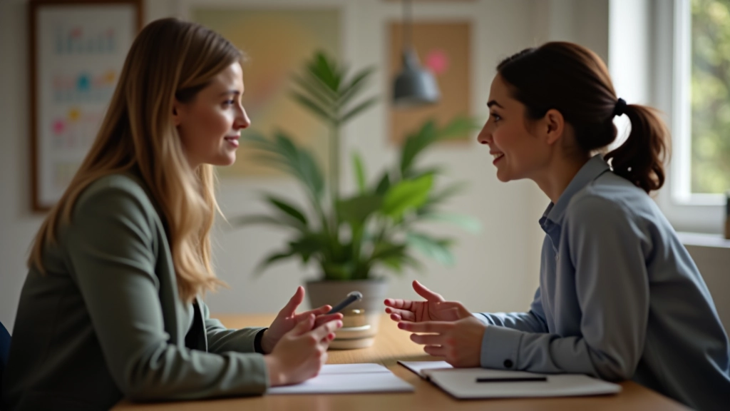 Deux personnes qui discutent naturellement au bureau, communication authentique et confiante
