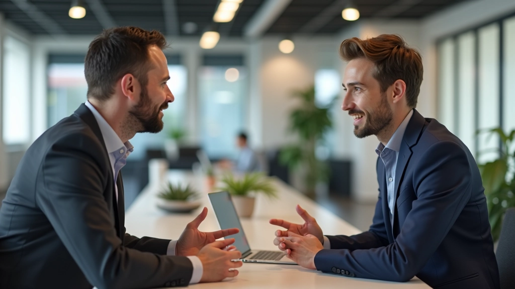 Deux professionnels en conversation active, l'un parlant tandis que l'autre écoute avec attention dans un bureau moderne
