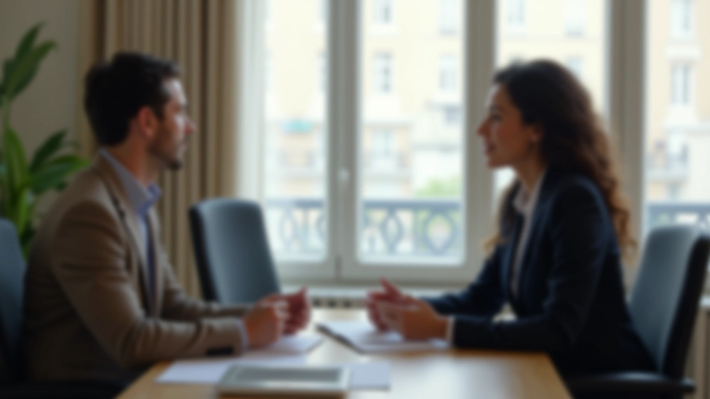 Deux professionnels en discussion respectueuse dans un environnement de bureau calme et lumineux, conversation diplomatique entre collègues