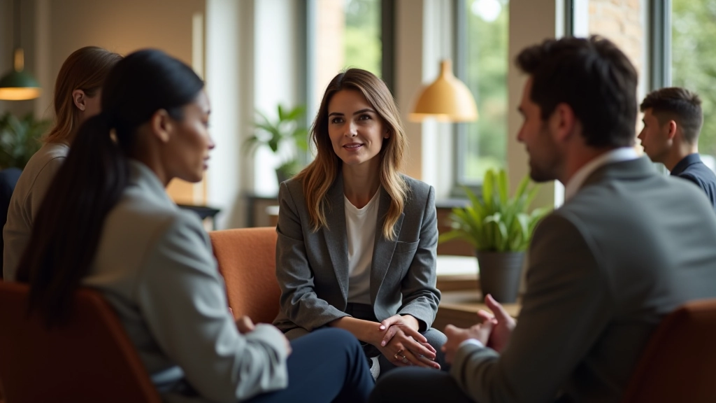 Groupe de trois personnes en discussion constructive, assis en cercle, expression positive et concentrée, environnement collaboratif
