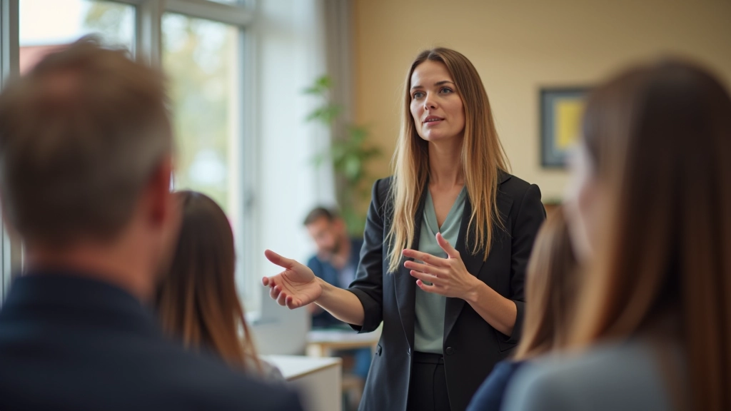 Femme parlant avec confiance lors d'une présentation, engagée et authentique, devant un petit groupe attentif