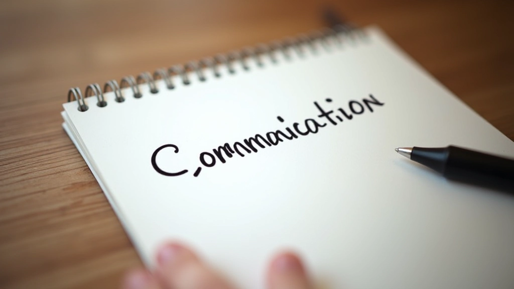 Notes et stylo sur un carnet avec des mots-clés sur la communication active, espace de travail de coach en communication