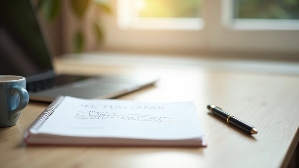 Carnet ouvert avec des notes manuscrites, stylo à côté, lumière naturelle douce mettant en évidence les pages de planification et de réflexion