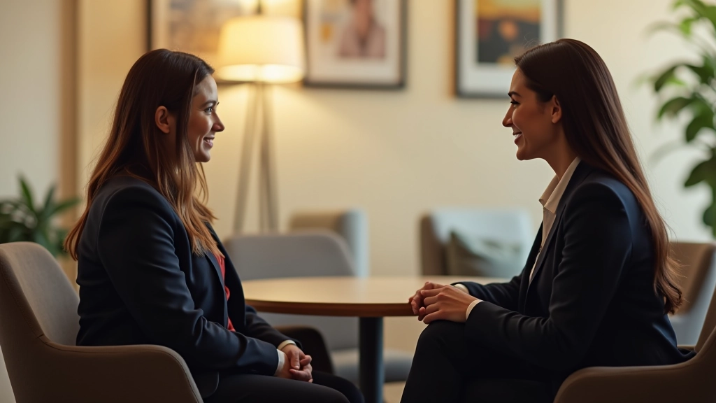 Deux personnes en conversation face à face, assises confortablement, ayant une discussion honnête et respectueuse dans un salon accueillant