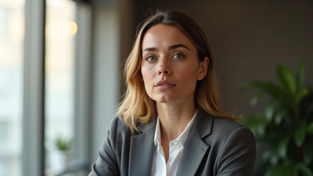 Femme pensif regardant par une fenêtre, réfléchissant à une décision importante dans un bureau lumineux